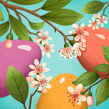 Holiday greeting card or poster for spring holiday Easter with  branches of a flowering tree and cute cartoon Easter Eggs 