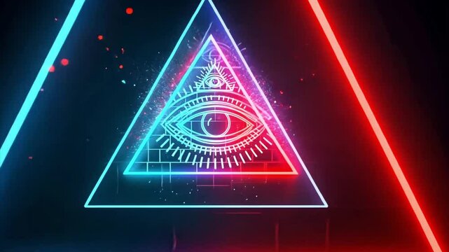 Glowing Triangle illuminated with Eye Animation in Red and Blue Neon suitable for futuristic designs, technology concepts, digital backgrounds, and scifi themed projects.