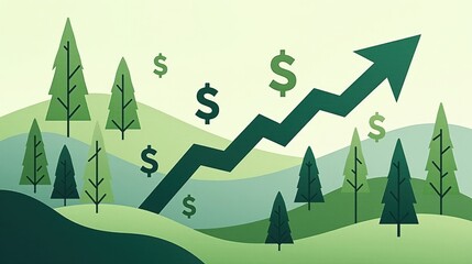 A stock illustration representing climate action in green and silver tones, featuring layered imagery of dollar signs and rising arrows, with textured overlays to enhance spatial depth.