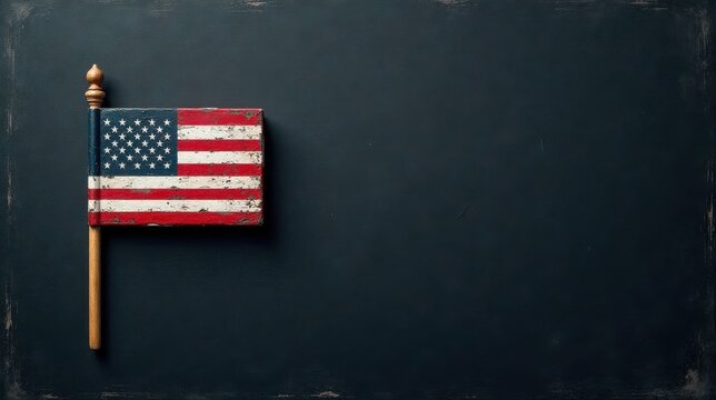 A weathered miniature flag on a dark background, symbolizing patriotism and remembrance