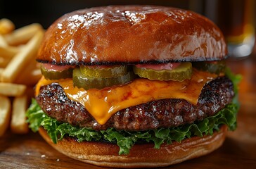 Mouthwatering Cheese Burger with Pickles and Fresh Lettuce Next to Fries