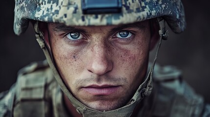 Obraz premium Courageous soldier portrait military base close-up photography intense atmosphere eye-level view resilience and sacrifice