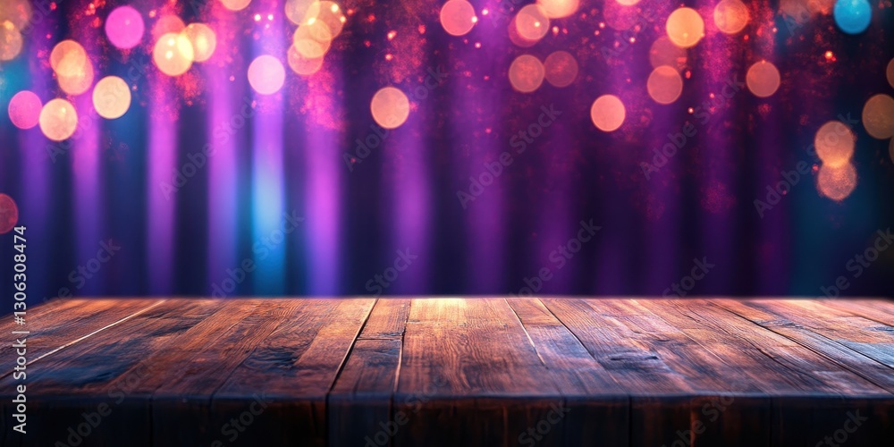 Poster stunning wooden table surface with colorful bokeh lights from party or celebration in the background