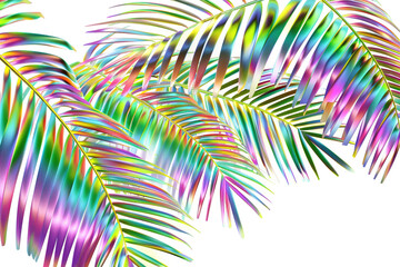 Exotic palm leaves shimmering in bold holographic gradient tones, artistically arranged against a sleek backdrop
