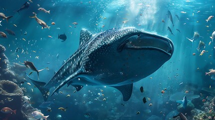 Majestic Whale Shark Swimming Gracefully Among Colorful Coral Reef Ecosystem