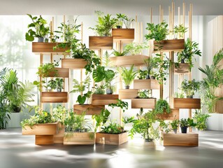 Modern Wooden Plant Display with Lush Greenery.