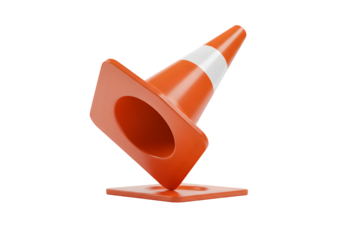 Bright orange traffic cone with white reflective stripe leaning on its side on a plain background for safety and caution themes