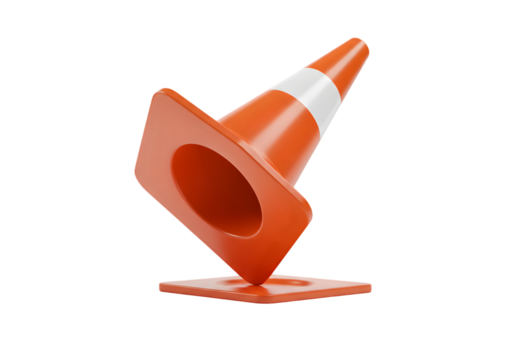 Bright orange traffic cone with white reflective stripe leaning on its side on a plain background for safety and caution themes
