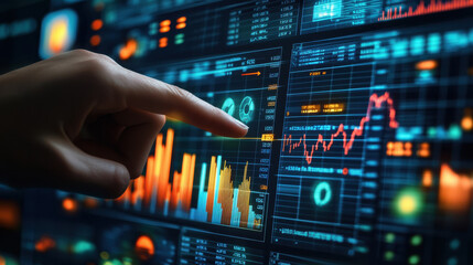 Close-up of a hand pointing at stock market data on a digital screen