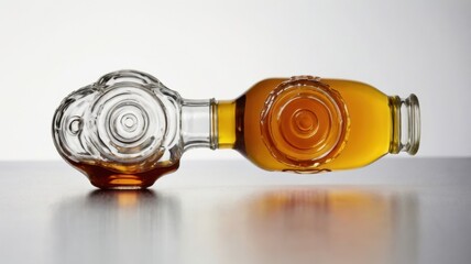 Vintage Glass Syrup Bottle with Decorative Twist Cap Containing Amber Liquid on Light Reflective Surface