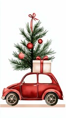 Red Car with Christmas Tree and Gift a Festive Watercolor Holiday Season Celebration Image