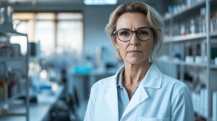 Fototapeta premium A serious middle-aged woman in a lab coat poses in a laboratory setting. Her focused expression reflects professionalism and commitment to healthcare and research.