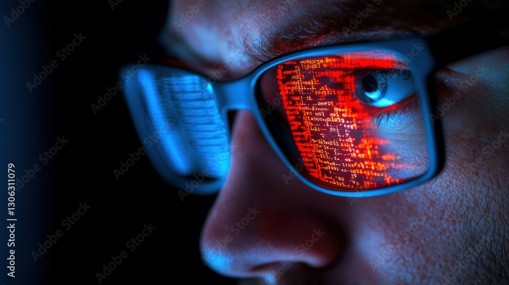 Poster intense gaze reflections in glasses cybersecurity professional decoding code in a dimly lit room