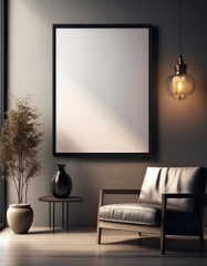 A movie poster mockup framed and hanging in a dimly lit, stylish gallery interior, creating an artistic and refined atmosphere, ideal for showcasing cinematic design and film promotions.
