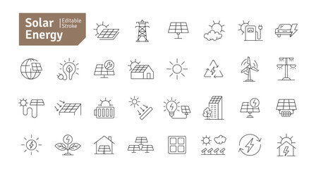 Solar Energy Icons Set. Solar Panel, Green Energy, Sun Energy, Solar Battery, Energy Saving, Solar House, Ecology, Electricity, Renewable Energies Editable Stroke Vector Illustration