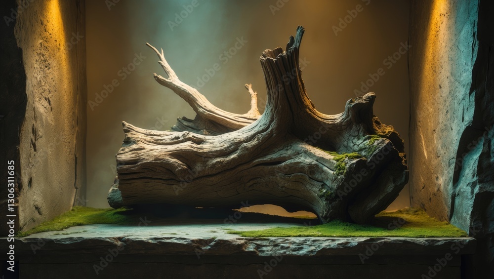 Poster an aged tree root set on a stone display stand, highlighting the rock's texture and a shadow with na