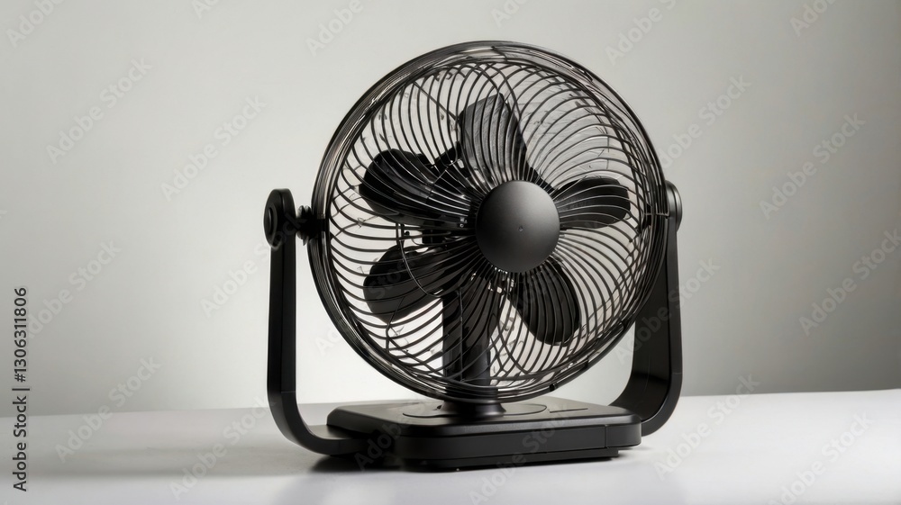 Poster black metal table fan with square base and round head against gray gradient backdrop in studio light
