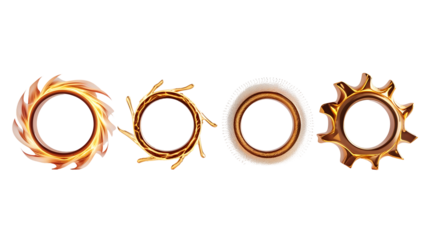 3D golden rings with intricate and decorative details, abstract metallic loops isolated on transparent background for elegant design elements