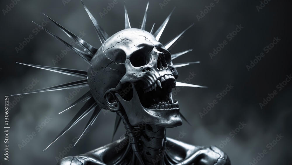 Aufkleber rendering of a metallic skull with an explosive spike ray design in black and white abstract tones.