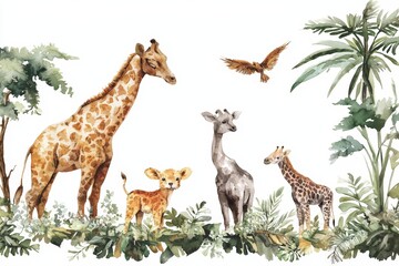 A vibrant illustration of a giraffe, lion cub, bird, and tropical foliage, showcasing the beauty of wildlife in nature.