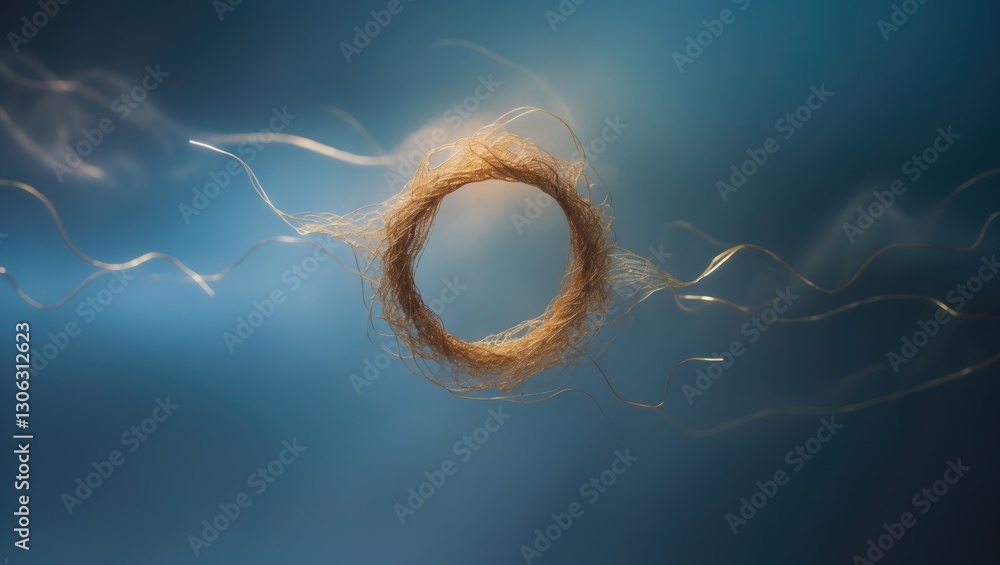 Poster golden abstract weave design set against a blue gradient backdrop.