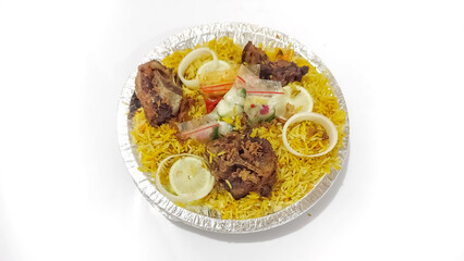 Kebuli Rice with Roasted Chicken and Raisin on white Background, 