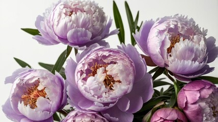 Fototapeta premium Close Up Cluster of Lavender Peonies with Detailed Petals and Green Leaves Against a White Background in Soft Lighting