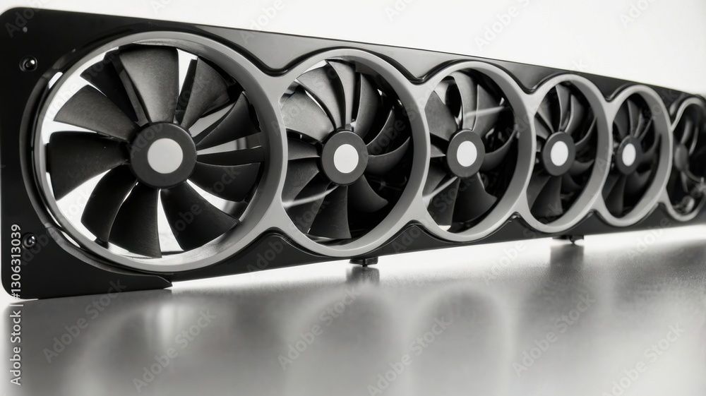 Aufkleber close up of multiple silver and black computer fan blades cooling system for desktop rendered in thr