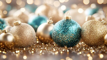 Sparkling Teal and Gold Christmas Ornaments on Glitter