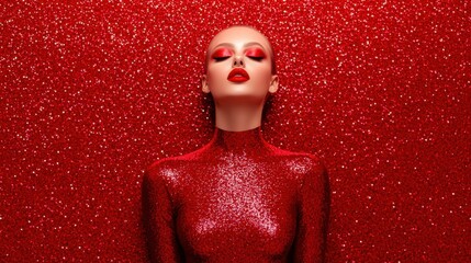 A model poses against a shimmering red backdrop, showcasing bold makeup and a sparkling outfit, exuding elegance and glamour.