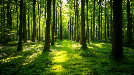 Naklejka premium A peaceful forest with tall trees, sunlight filtering through the leaves