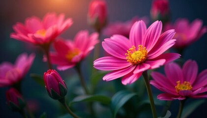 Obraz premium Abstract close-up of vibrant flowers illuminated with light trails, abstract, vibrant, petals