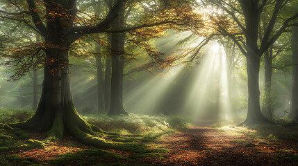 Obraz premium A quiet forest with tall trees, sunlight filtering through the leaves and soft moss covering the ground