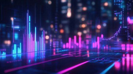 A glowing neon stock market graph with blue and purple lights on a dark background