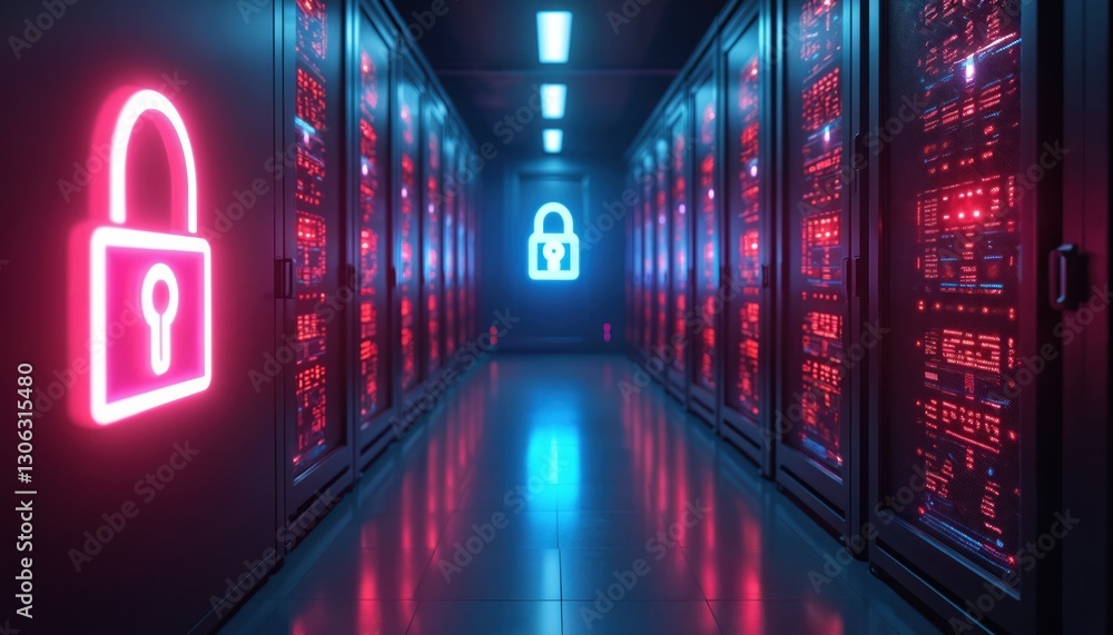 Poster server room corridor with glowing padlock icons on wall, data center. concept of data security, stor