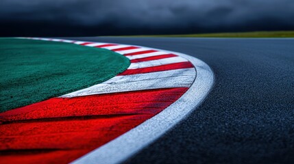 Racing Track Curve with Green Infield and Dark Stormy Sky Scene on a Racetrack Motorsport Event