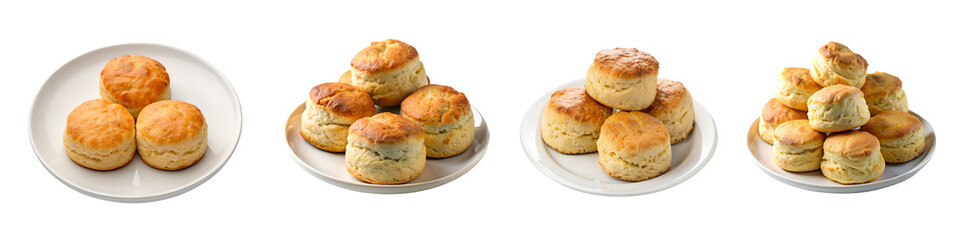 Golden brown freshly baked scones on minimalist white plate – simple elegance on a isolated transparent background.