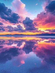 Tranquil Sunset Over Serene Lake with Vibrant Pink and Orange Clouds Reflecting on Calm Water in a Majestic Landscape