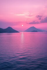 Fototapeta premium Tranquil Sunset Over Serene Water with Majestic Mountains Silhouetted Against a Purple Sky and Gentle Ripples Across the Calm Surface