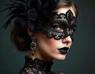 Fototapeta premium High fashion portrait of elegant woman wearing lace mask, feathered headwear, earrings. Dark makeup, black lipstick. Glamour, style. Perfect for fashion editorial, beauty product promo. Mysterious,
