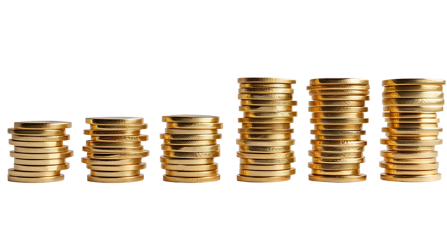 Gold Coins Stacked in Ascending Order Like Bar Graph on Black Background