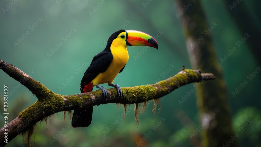 Poster a closely focused image of a toucan resting on a branch
