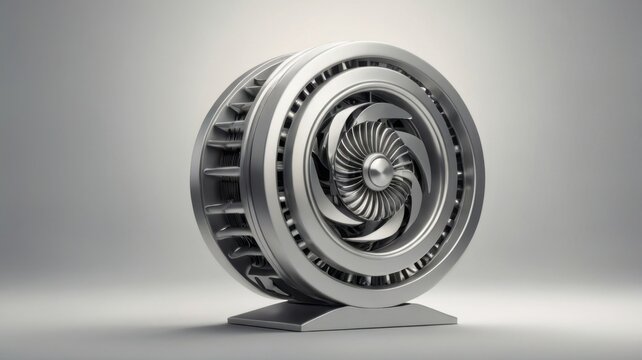 Minimal Silver Turbine Icon Isolated on White Background with Intricate Fan Blades and Metallic Finish