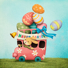 Holiday greeting card or poster for spring holiday Easter with cute cartoon Easter Eggs and Happy Easter bunny riding on a party bus with a banner. 