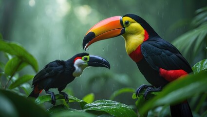 A Red-breasted Toucan (Ramphastos dicolorus) nurturing a juvenile Toucan.