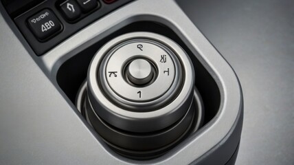 Minimalist Silver Gearshift Icon on Gray Panel Automotive Interior Closeup
