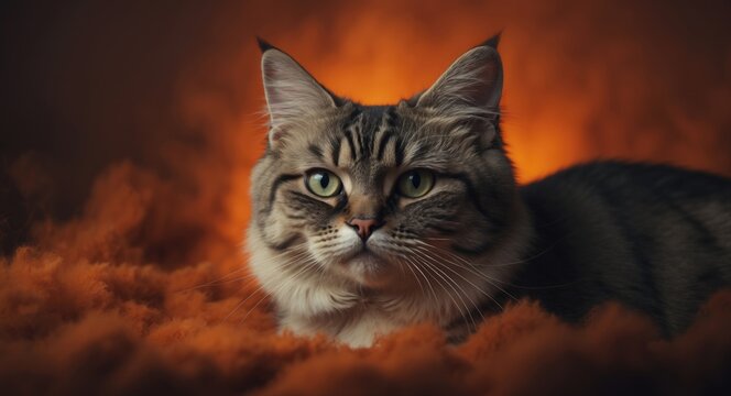 A close-up of a Scottish Fold cat against an orange backdrop