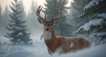 A winter scene featuring a deer with its mouth open amidst snow-covered trees.