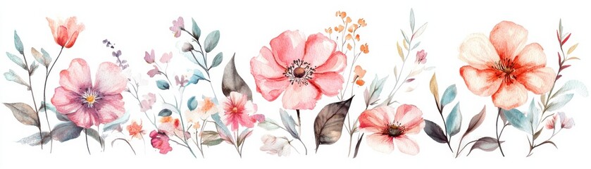 A colorful floral illustration featuring various blooms and leaves, showcasing a delicate, artistic design.