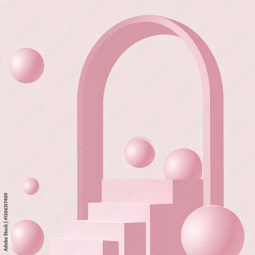 Poster pink abstract background with floating balls and arch